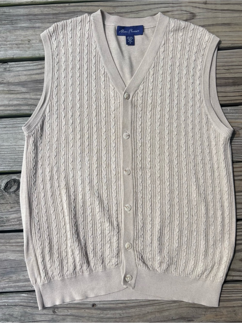 Alan Flusser Cream Cable Knit Button Front Silk Blend Sweater Vest